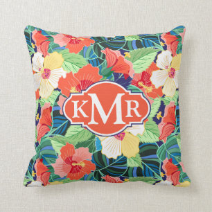 Buntes Monogramm des Hibiskus-Muster-  Kissen