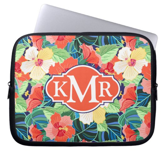 Buntes Monogramm des Hibiskus-Muster-| Laptopschutzhülle (Vorderseite)