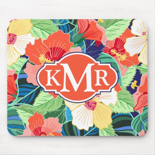 Buntes Monogramm des Hibiskus-Muster-| Mousepad (Vorne)