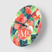 Buntes Monogramm des Hibiskus-Muster-| Runde Wanduhr (Winkel)