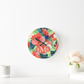Buntes Monogramm des Hibiskus-Muster-| Runde Wanduhr (Zuhause)