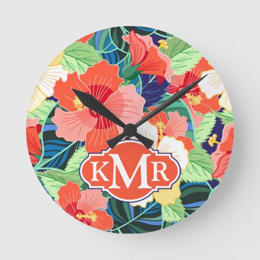 Buntes Monogramm des Hibiskus-Muster-| Runde Wanduhr (Vorderseite)