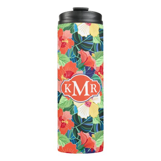 Buntes Monogramm des Hibiskus-Muster-| Thermosbecher (Vorderseite)