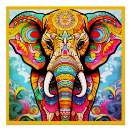 Buntes Mosaik-Elefant auf einem glänzenden Wandpos Poster