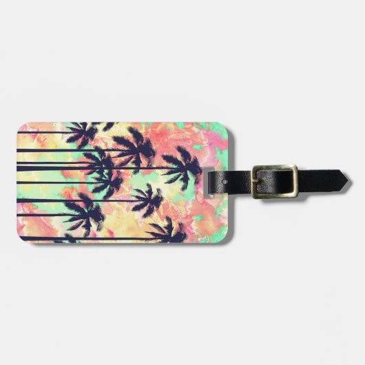Buntes NeonAquarell mit schwarzen Palmen Gepäckanhänger (Vorderseite horizontal)