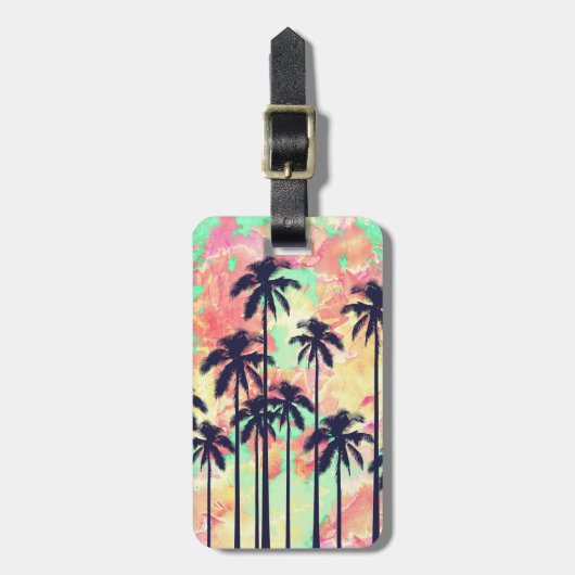 Buntes NeonAquarell mit schwarzen Palmen Gepäckanhänger (Vorderseite vertikal)