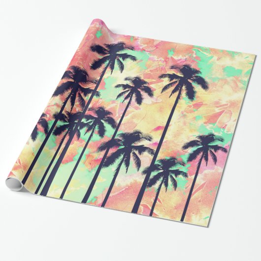 Buntes NeonAquarell mit schwarzen Palmen Geschenkpapier (Ungerollt)