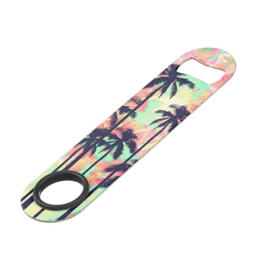 Buntes NeonAquarell mit schwarzen Palmen Speed Flaschenöffner (Vorderseite Schrägansicht)