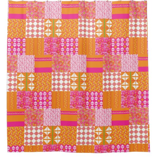 Buntes orange-pinkfarbenes Blumen-Patchwork-Duschv Duschvorhang (Vorderseite)