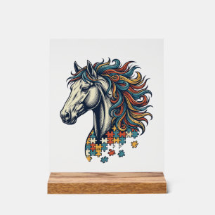 Buntes Pferd-Puzzleteil Vintage-Stich T-Shirt Acrylschild