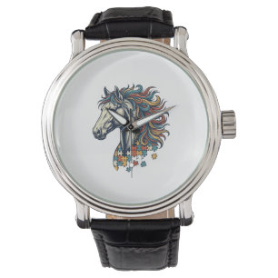 Buntes Pferd-Puzzleteil Vintage-Stich T-Shirt Armbanduhr