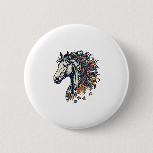 Buntes Pferd-Puzzleteil Vintage-Stich T-Shirt Button (Vorderseite)