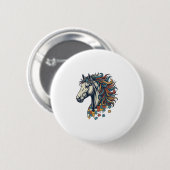 Buntes Pferd-Puzzleteil Vintage-Stich T-Shirt Button (Vorne & Hinten)