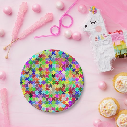 Buntes Puzzle-Muster Pappteller (Party)
