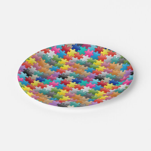 Buntes Puzzlespielmuster Pappteller (Schrägansicht)