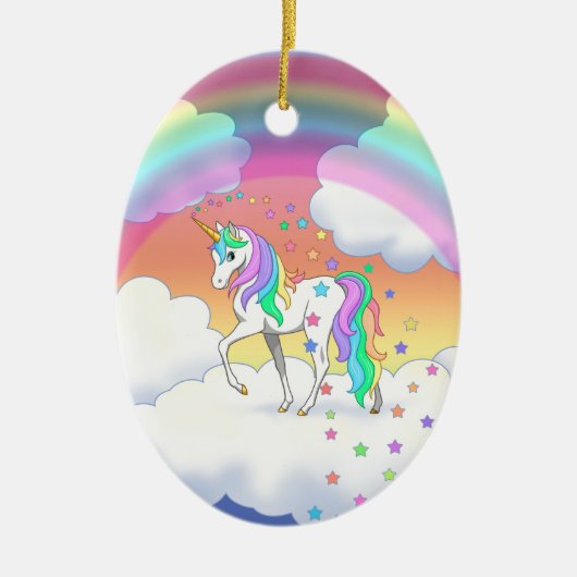 Buntes Regenbogen-Einhorn und Sterne Keramik Ornament (Vorne)