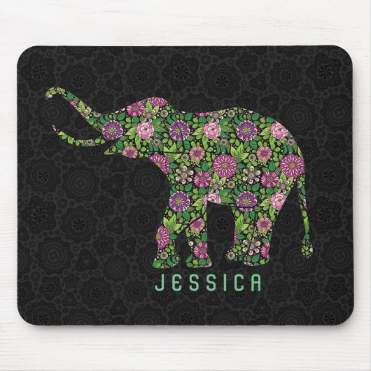 Buntes Retro-Blumen-Elefant Monogramm Mousepad (Vorne)
