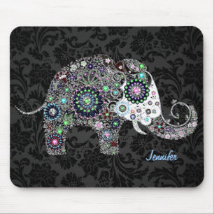 Buntes Retro-Blumenmuster-Elefant & Diamanten 2 Mousepad