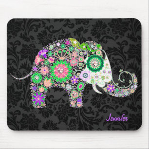 Buntes Retro-Blumenmuster-Elefant & Diamanten 3 Mousepad