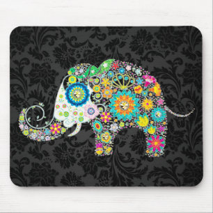Buntes Retro-Blumenmuster-Elefant Mousepad