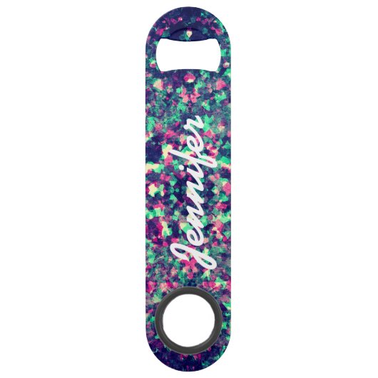 Buntes Schmutz-Kaleidoskop-Muster-Monogramm Speedflaschenöffner (Rückseite)