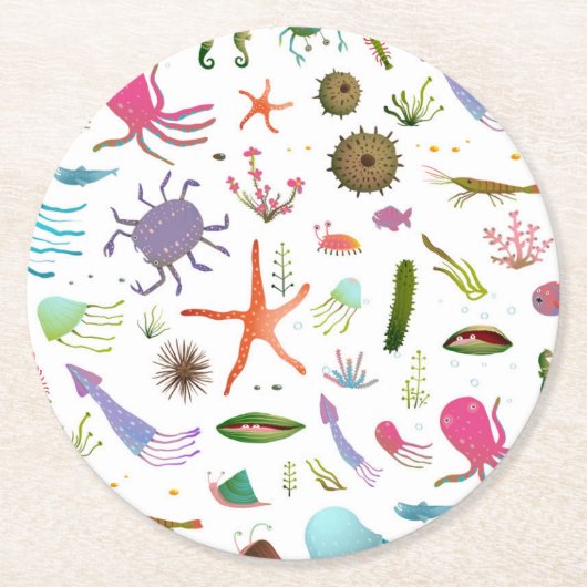 Buntes Seeleben Runder Pappuntersetzer (Vorderseite)