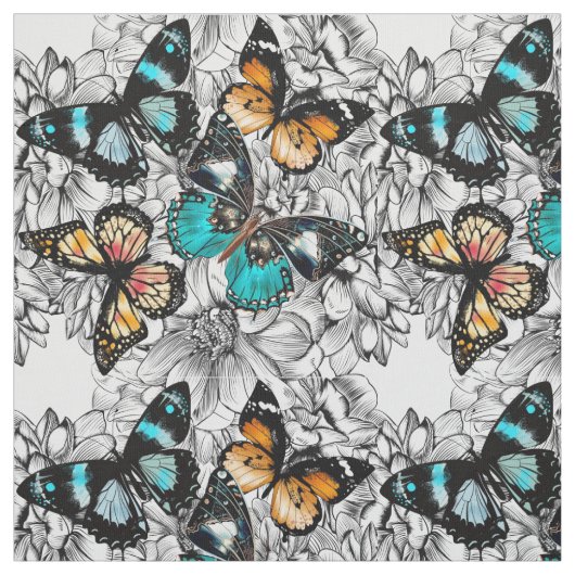 Buntes Skizzemuster der Blumenschmetterlinge Stoff (Muster)