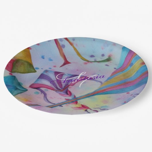 BUNTES SPASS-FLIEGEN-DRACHEN-MONOGRAMM-PARTY PAPPTELLER (Schrägansicht)