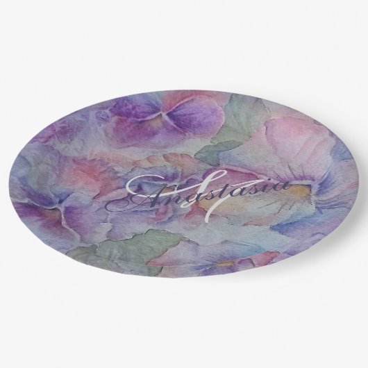 BUNTES STIEFMÜTTERCHEN-REICHLICH MONOGRAMM-PARTY PAPPTELLER (Schrägansicht)