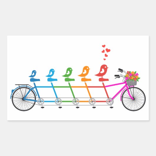 buntes Tandemfahrrad mit süßer Vogelfamilie Rechteckiger Aufkleber (Vorderseite)