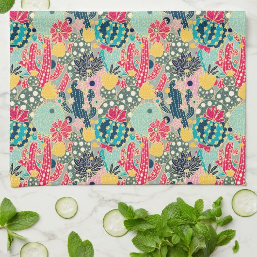 Buntes Tupfen-Kaktus-Muster Geschirrtuch (Gefaltet)
