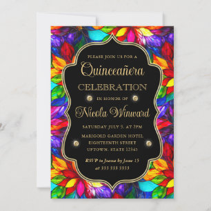 Buntes und goldenes Buntglas-Quinceanera Einladung