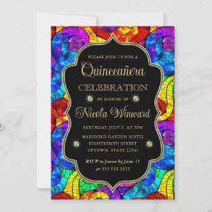 Buntes und goldenes Buntglas Quinceanera Einladung