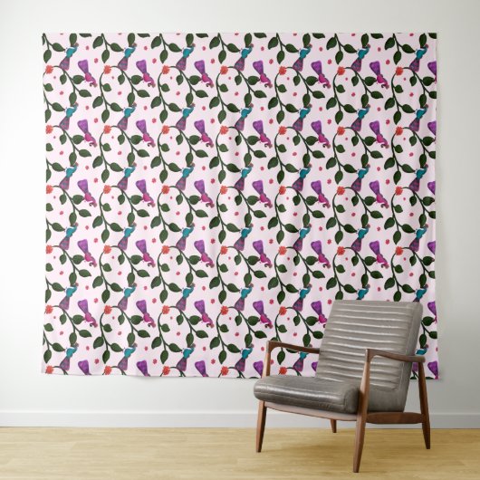 Buntes Vogel Blumen Nahtloses Muster Wandteppich (Beispiel (Horizontal))