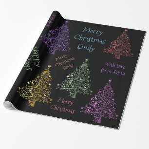 Buntes Weihnachtsbaum-Muster mit Namen Geschenkpapier