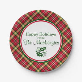 Buntes Weihnachtskariertes personalisiertes Pappteller