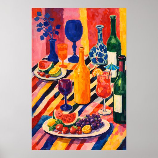 Buntes Wein-Frucht-Stillleben-Poster, Maximalist Poster (Vorne)