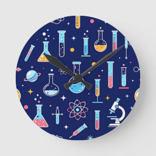 Buntes Wissenschaftslabor-Muster Moderne Chemie Runde Wanduhr