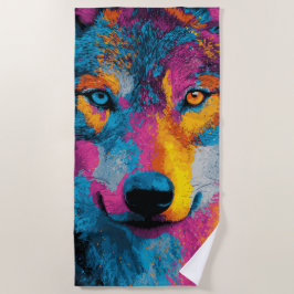 Buntes Wolfporträt Pop Art Splash Illustration Strandtuch
