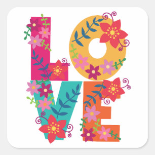 Buntes Wort Liebe verziert mit Blumen Quadratischer Aufkleber