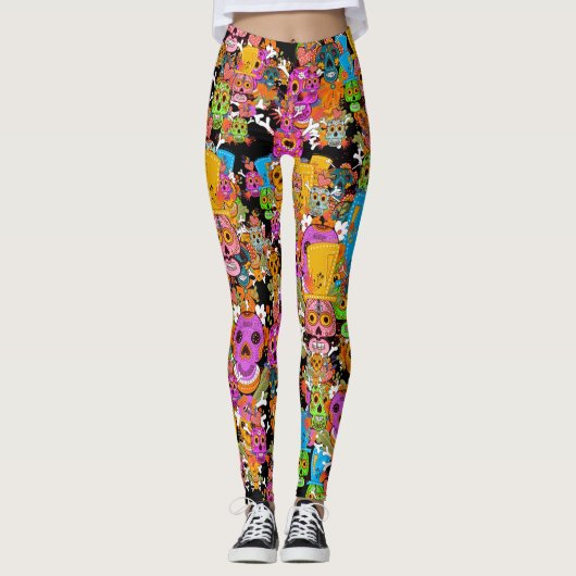 Buntes Zuckerschädel-Muster Leggings (Vorderseite)