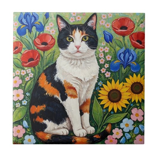 Buntgescheckte Katze und volkstümliche Sonnenblume Fliese (Vorderseite)