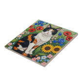 Buntgescheckte Katze und volkstümliche Sonnenblume Fliese (Seite)
