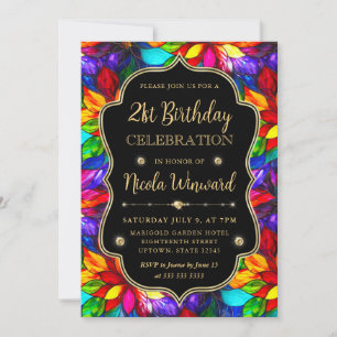 Buntglas 21. Geburtstag in Mehrfarbig und Gold Einladung