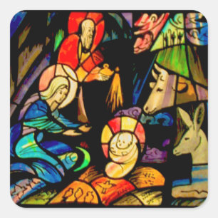 Buntglas-Art-Geburt Christi Quadratischer Aufkleber