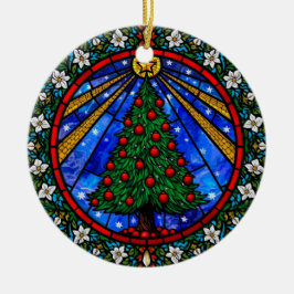 Buntglas-Baum & Blumenrand Keramik Ornament