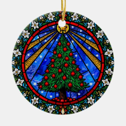 Buntglas-Baum & Blumenrand Keramik Ornament (Vorne)