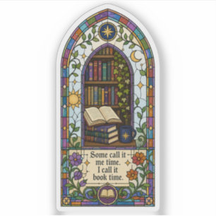 Buntglas-Bibliothek mit Buch-Zeit-Zitat Aufkleber
