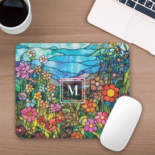 Buntglas-Blumengarten-Monogramm-Mauspad Mousepad