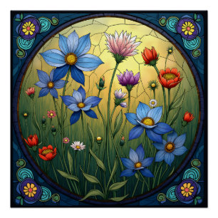 Buntglas Blumenmuster Poster